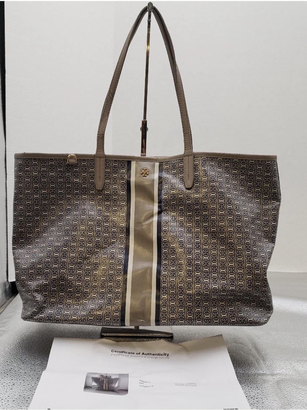Tory Burch Taupe and Gold Logo-Print Stripe Tote